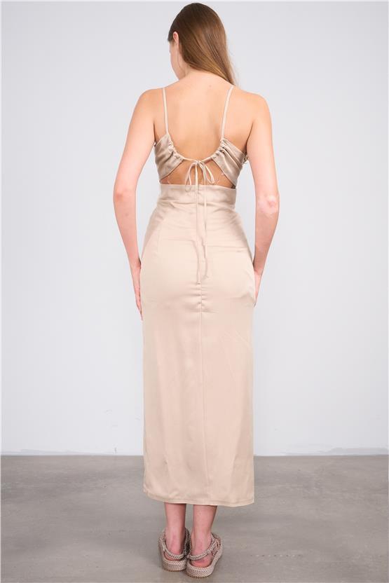 Lefon Y25 111283 Tas Kadın V Yaka On Yırtmaclı Uzun Elbıse