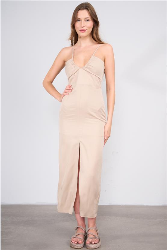 Lefon Y25 111283 Tas Kadın V Yaka On Yırtmaclı Uzun Elbıse