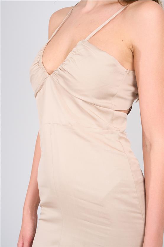 Lefon Y25 111283 Tas Kadın V Yaka On Yırtmaclı Uzun Elbıse