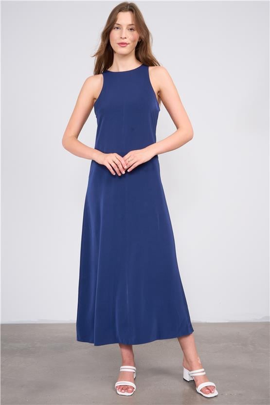 Lefon Y25 111330 Lacıvert Kadın A Kesım Kolsuz Maksı Boy Elbıse