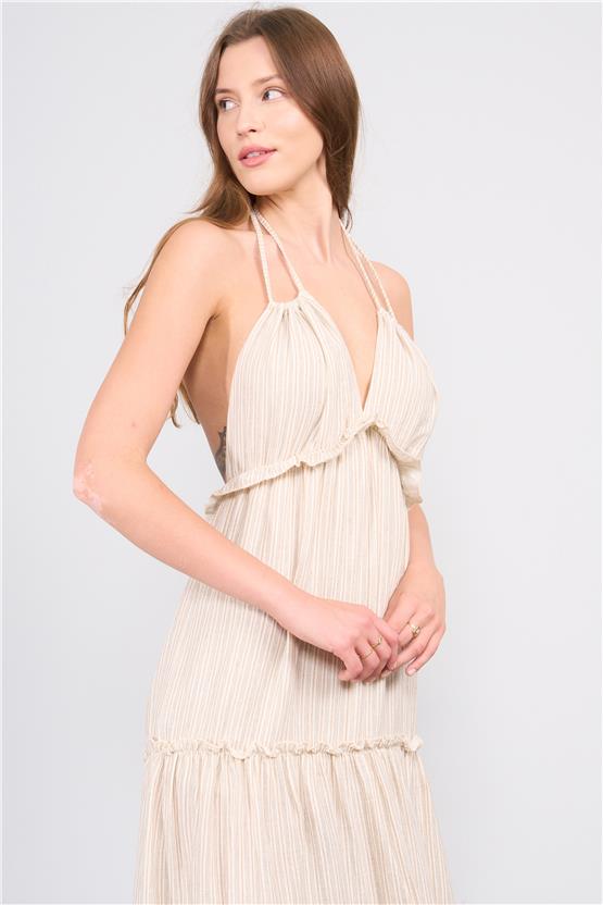 Lefon Y25 111480 Naturel Kadın Boyundan Baglamalı Elbıse