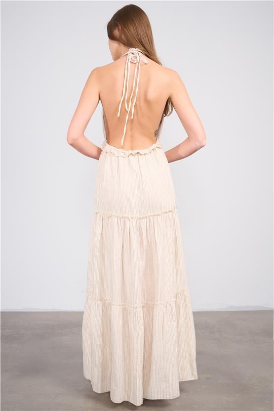 Lefon Y25 111480 Naturel Kadın Boyundan Baglamalı Elbıse