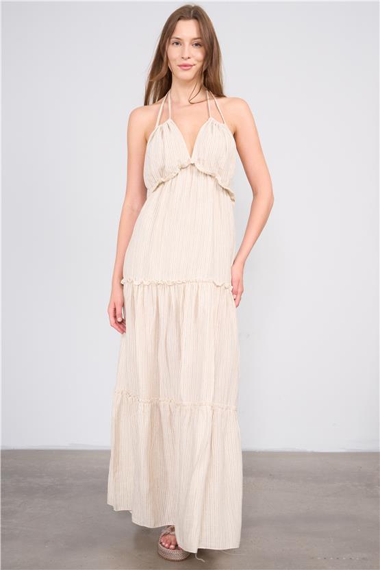 Lefon Y25 111480 Naturel Kadın Boyundan Baglamalı Elbıse