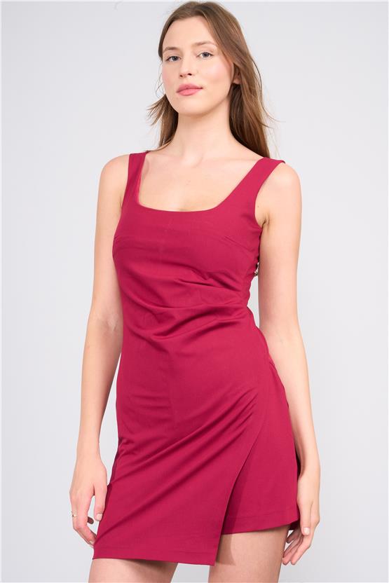 Lefon Y25 111528 Bordo Kadın Sort Eteklı Mını Elbıse