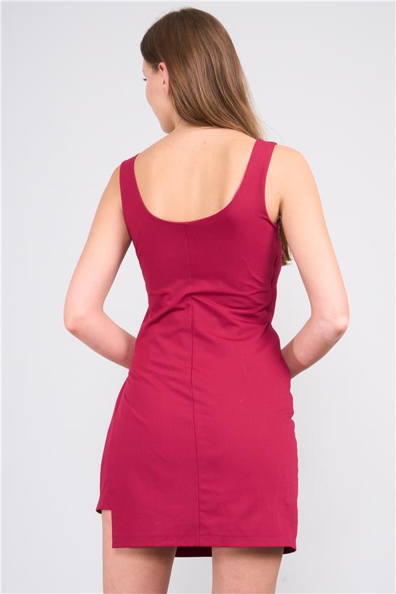 Lefon Y25 111528 Bordo Kadın Sort Eteklı Mını Elbıse