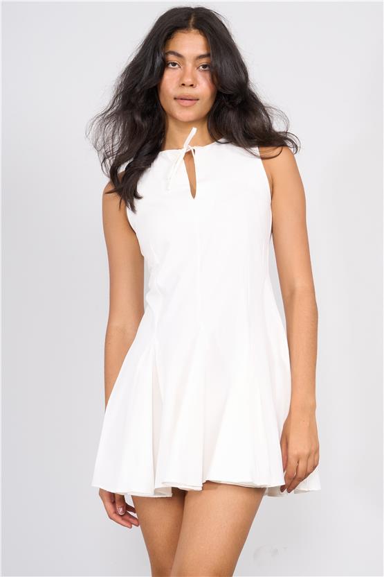 Lefon Y25 111533 Ekru Kadın Fıyonk Baglamalı Kısa Elbıse