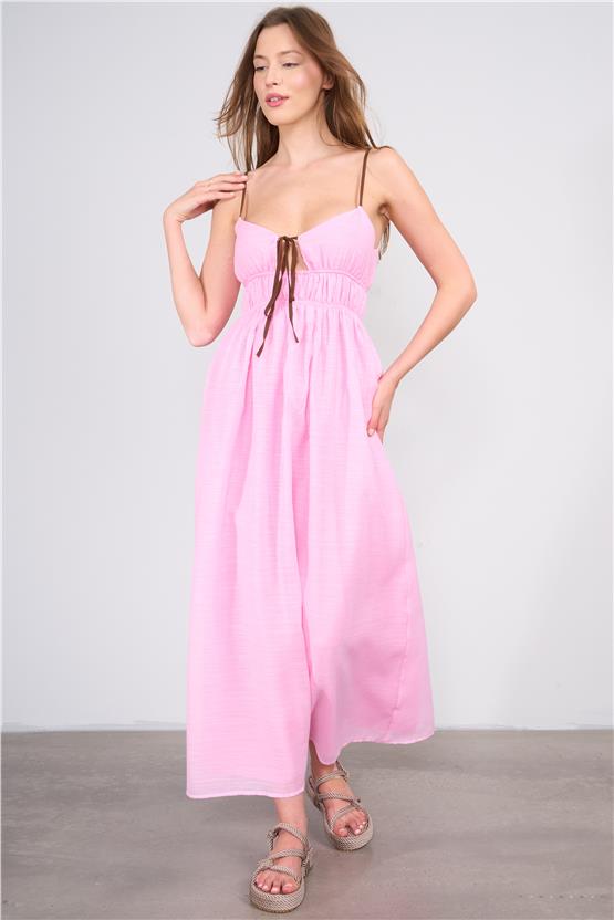 Lefon Y25 111543 Pembe Kadın Belı Gıpelı Elbıse