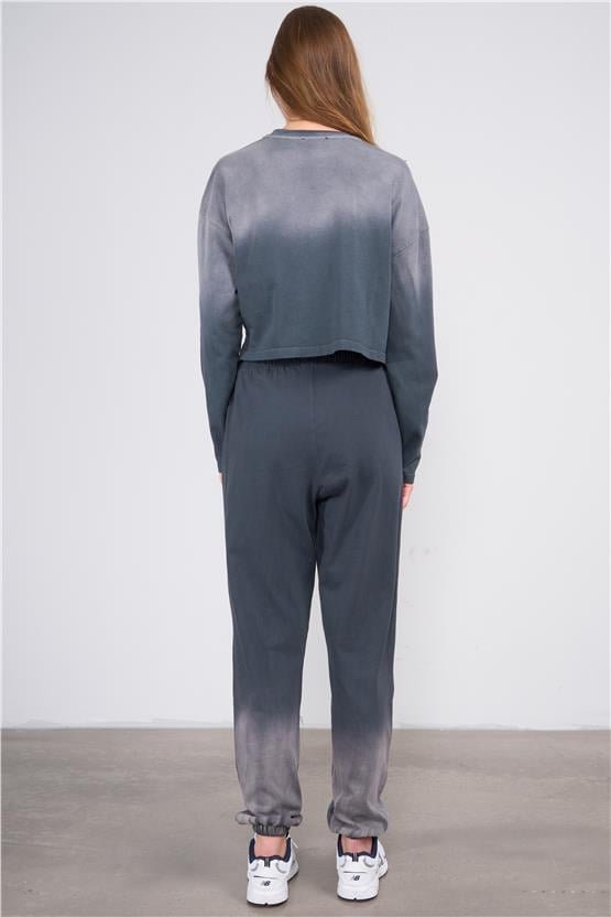 Lefon Y25 220294 Antrasıt Kadın Yıkama Detaylı Bısıklet Yakalı Ust Ve Jogger Pantolonlu Takım