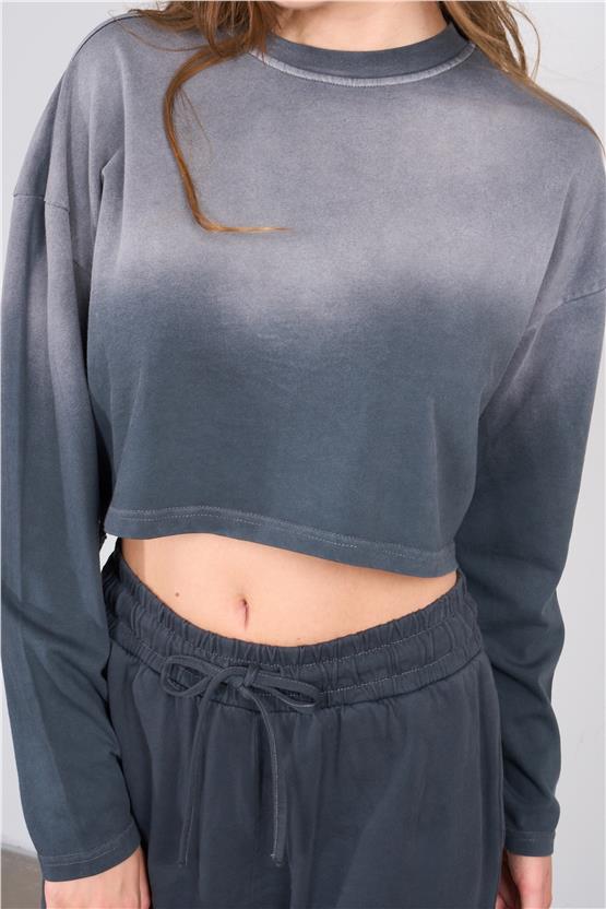 Lefon Y25 220294 Antrasıt Kadın Yıkama Detaylı Bısıklet Yakalı Ust Ve Jogger Pantolonlu Takım