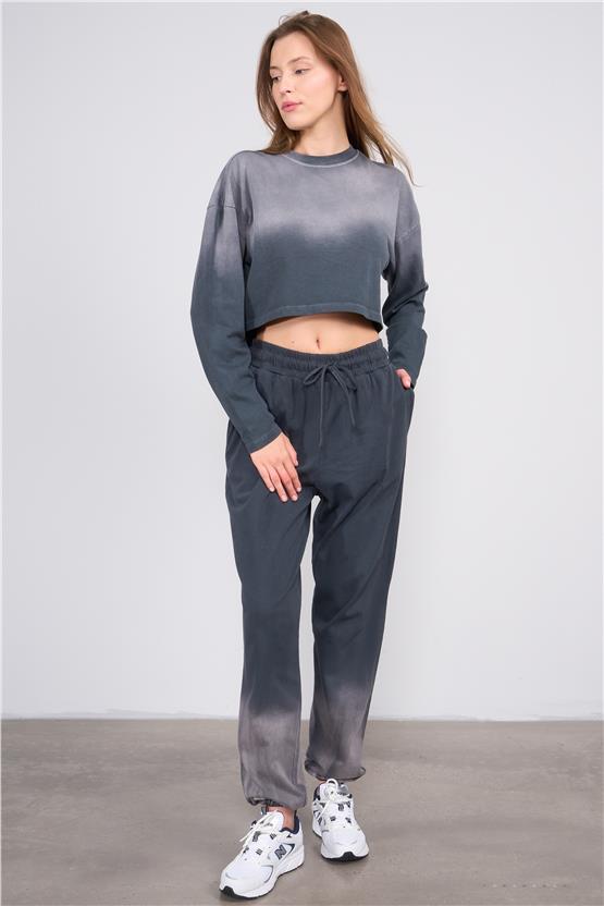 Lefon Y25 220294 Antrasıt Kadın Yıkama Detaylı Bısıklet Yakalı Ust Ve Jogger Pantolonlu Takım