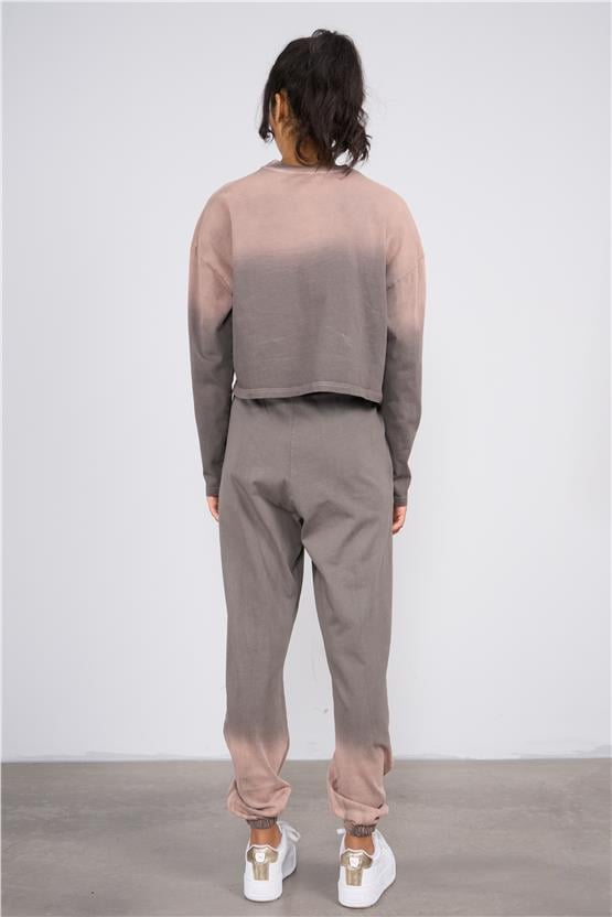 Lefon Y25 220294 Kahverengı Kadın Yıkama Detaylı Bısıklet Yakalı Ust Ve Jogger Pantolonlu Takım