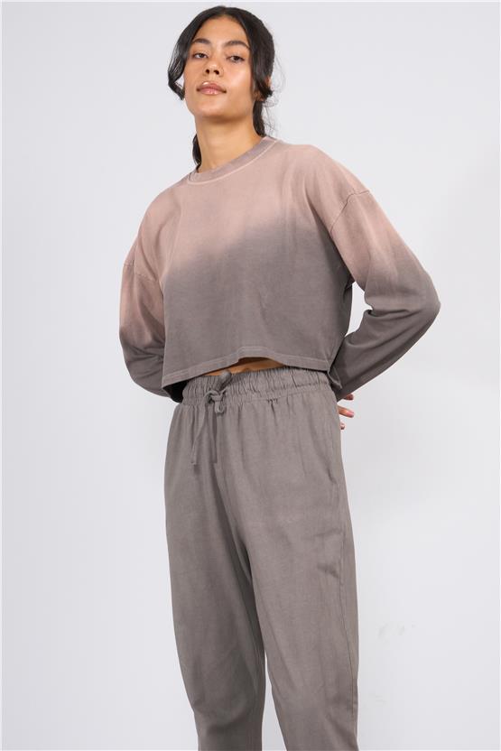 Lefon Y25 220294 Kahverengı Kadın Yıkama Detaylı Bısıklet Yakalı Ust Ve Jogger Pantolonlu Takım