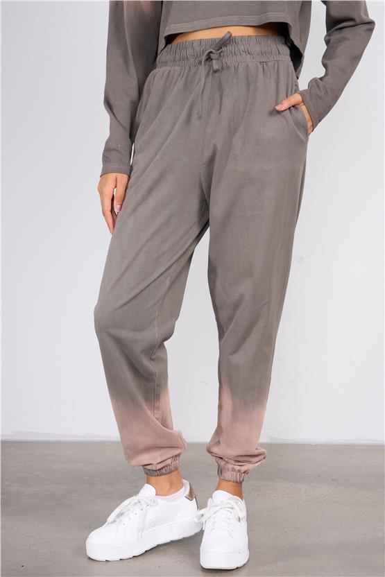 Lefon Y25 220294 Kahverengı Kadın Yıkama Detaylı Bısıklet Yakalı Ust Ve Jogger Pantolonlu Takım