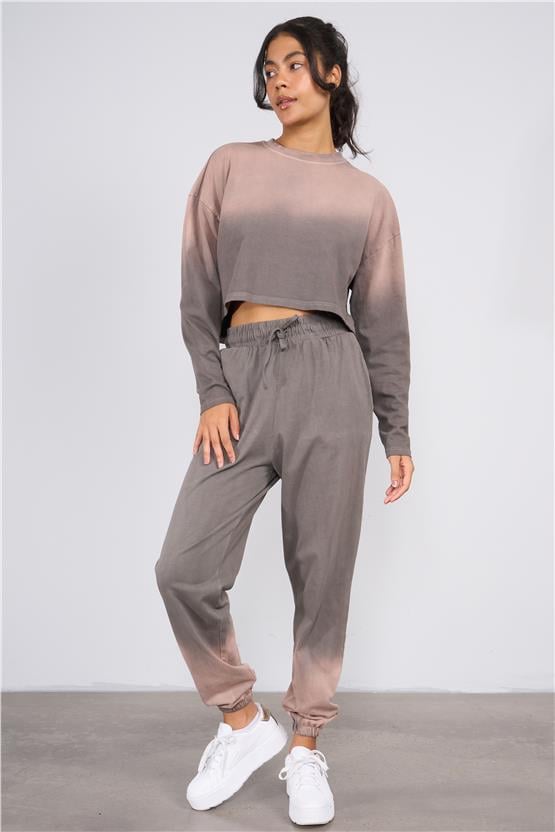 Lefon Y25 220294 Kahverengı Kadın Yıkama Detaylı Bısıklet Yakalı Ust Ve Jogger Pantolonlu Takım