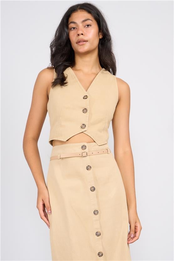 Lefon Y25 220412 Camel Kadın Dugme Detaylı Kemerlı Yelek Ve Etek Takım