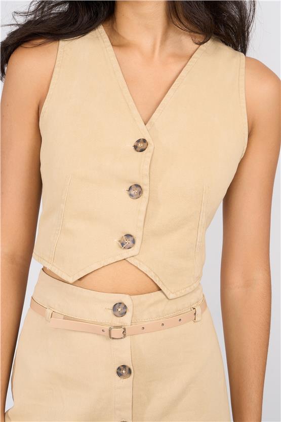 Lefon Y25 220412 Camel Kadın Dugme Detaylı Kemerlı Yelek Ve Etek Takım