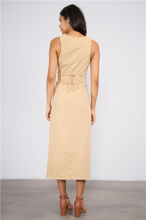 Lefon Y25 220412 Camel Kadın Dugme Detaylı Kemerlı Yelek Ve Etek Takım