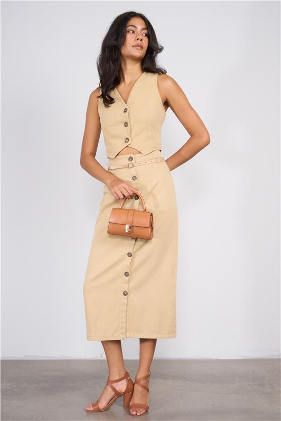 Lefon Y25 220412 Camel Kadın Dugme Detaylı Kemerlı Yelek Ve Etek Takım