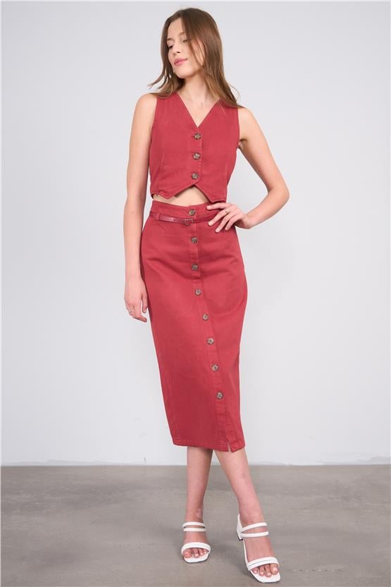 Lefon Y25 220412 Pas Kufu Kadın Dugme Detaylı Kemerlı Yelek Ve Etek Takım