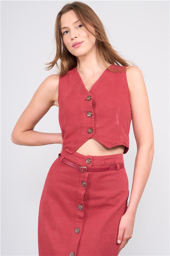 Lefon Y25 220412 Pas Kufu Kadın Dugme Detaylı Kemerlı Yelek Ve Etek Takım