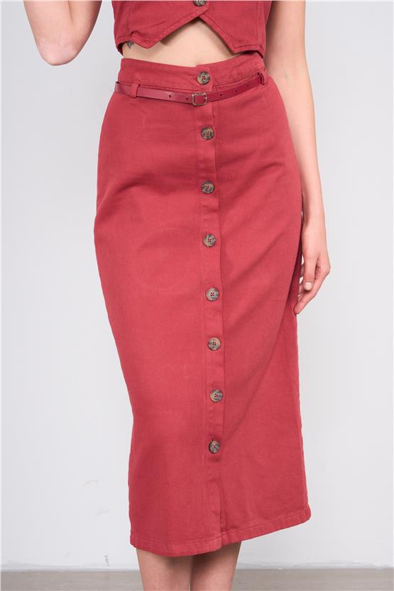 Lefon Y25 220412 Pas Kufu Kadın Dugme Detaylı Kemerlı Yelek Ve Etek Takım