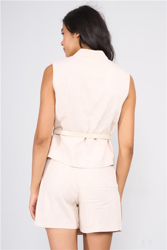 Lefon Y25 220487 Bej Kadın Kemerlı Yeleklı Sort Etek