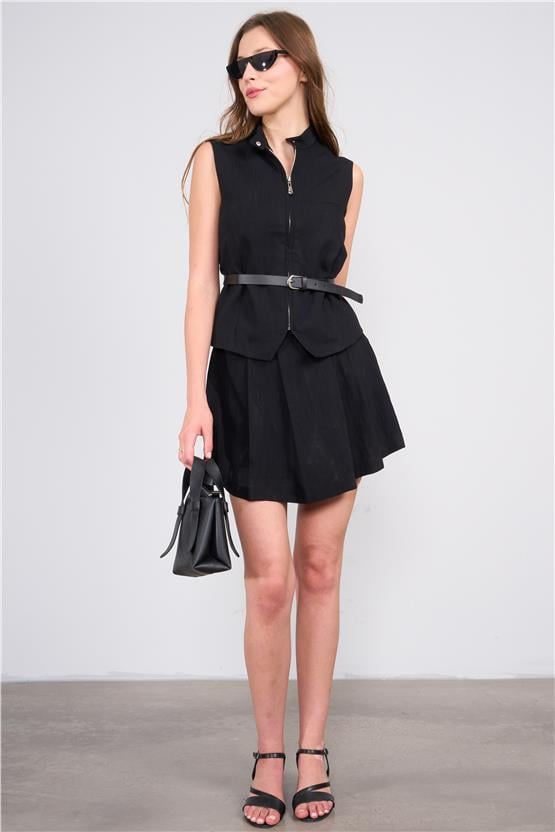 Lefon Y25 220487 Sıyah Kadın Kemerlı Yeleklı Sort