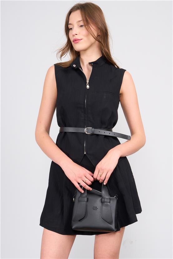 Lefon Y25 220487 Sıyah Kadın Kemerlı Yeleklı Sort