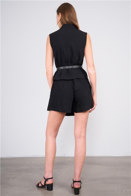 Lefon Y25 220487 Sıyah Kadın Kemerlı Yeleklı Sort