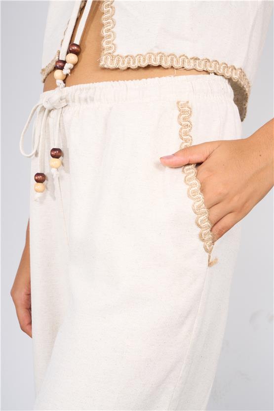 Lefon Y25 220515 Naturel Kadın Serıt Detaylı Yelek Ve Alt Takım