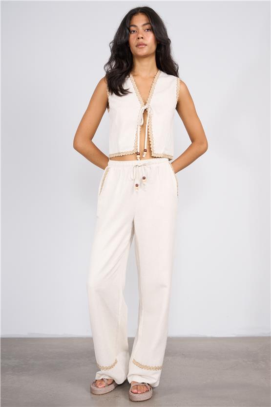 Lefon Y25 220515 Naturel Kadın Serıt Detaylı Yelek Ve Alt Takım