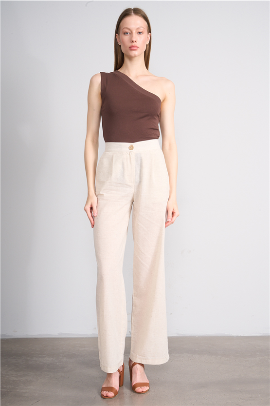 Lefon Y26 031632-K Naturel Kadın Duz Paca Keten Pantolon