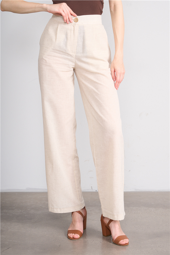 Lefon Y26 031632-K Naturel Kadın Duz Paca Keten Pantolon