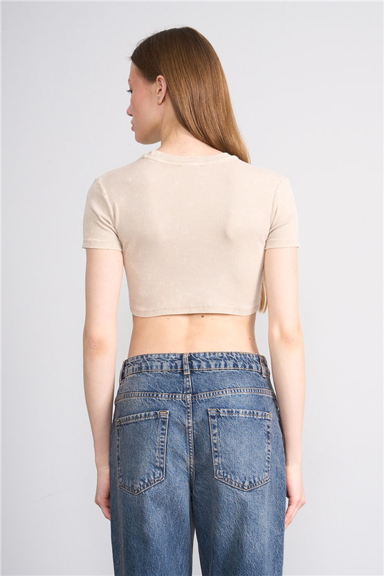 Lefon Y26 050503-K Bej Kadın Yıkamalı Orme Kaşkorse Crop