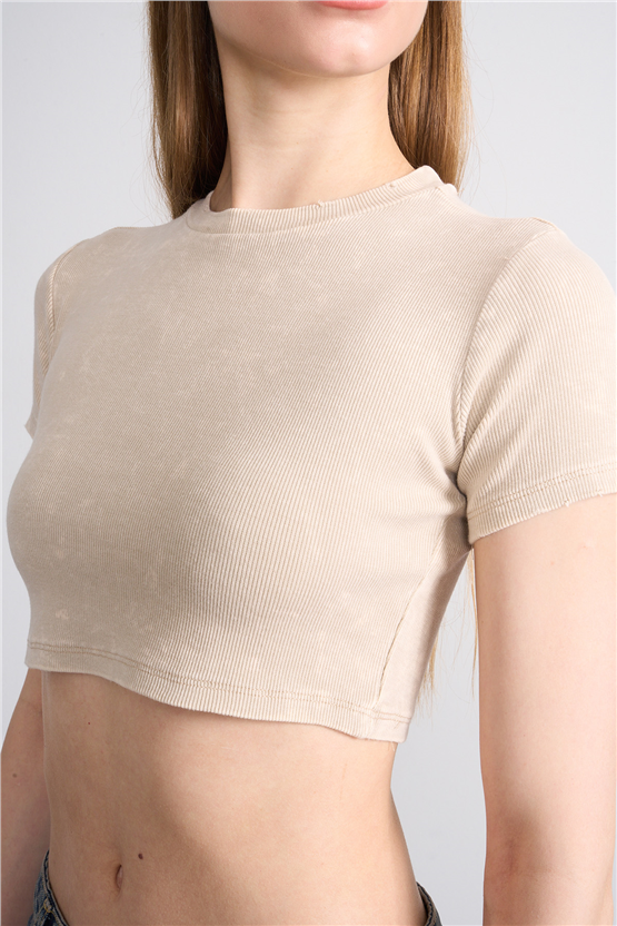 Lefon Y26 050503-K Bej Kadın Yıkamalı Orme Kaşkorse Crop