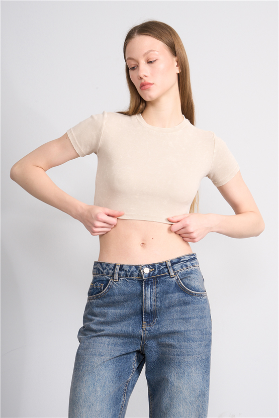 Lefon Y26 050503-K Bej Kadın Yıkamalı Orme Kaşkorse Crop