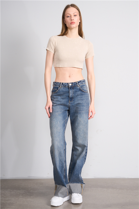 Lefon Y26 050503-K Bej Kadın Yıkamalı Orme Kaşkorse Crop