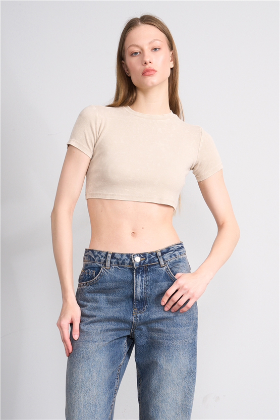 Lefon Y26 050503-K Bej Kadın Yıkamalı Orme Kaşkorse Crop