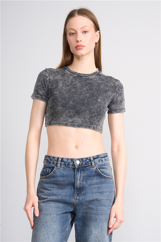 Lefon Y26 050503-K Gri Kadın Yıkamalı Orme Kaşkorse Crop