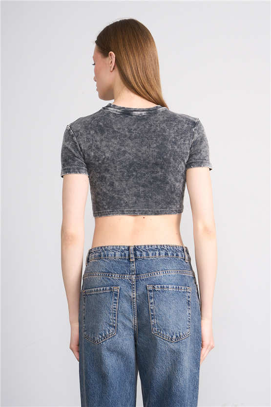 Lefon Y26 050503-K Gri Kadın Yıkamalı Orme Kaşkorse Crop
