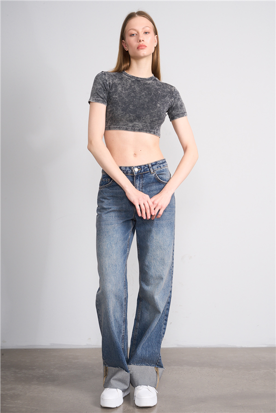 Lefon Y26 050503-K Gri Kadın Yıkamalı Orme Kaşkorse Crop