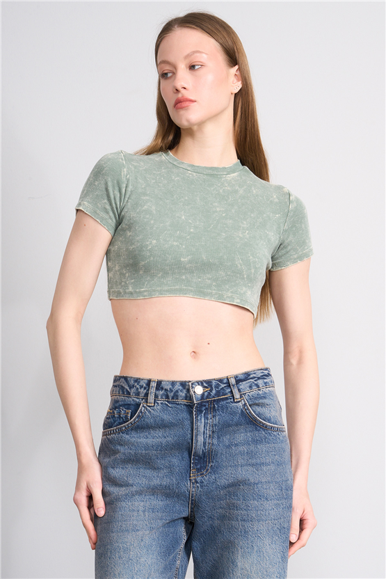 Lefon Y26 050503-K Haki Kadın Yıkamalı Orme Kaşkorse Crop