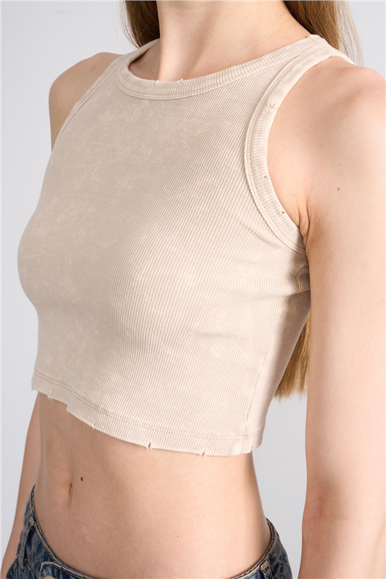 Lefon Y26 060168-K Bej Kadın Bisiklet Yaka Kolsuz Orme Kaşkorse Crop T-Shirt