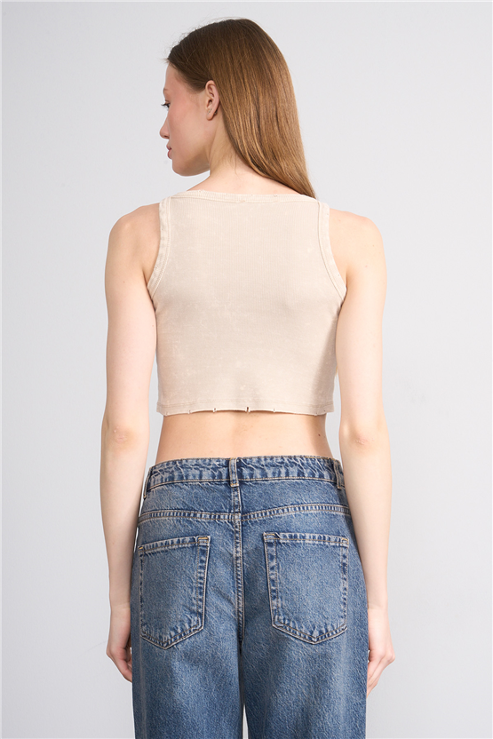 Lefon Y26 060168-K Bej Kadın Bisiklet Yaka Kolsuz Orme Kaşkorse Crop T-Shirt