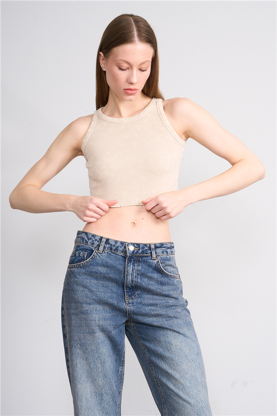 Lefon Y26 060168-K Bej Kadın Bisiklet Yaka Kolsuz Orme Kaşkorse Crop T-Shirt