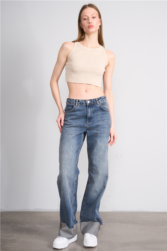 Lefon Y26 060168-K Bej Kadın Bisiklet Yaka Kolsuz Orme Kaşkorse Crop T-Shirt