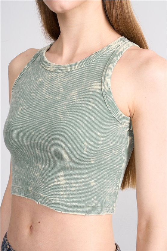 Lefon Y26 060168-K Haki Kadın Bisiklet Yaka Kolsuz Orme Kaşkorse Crop T-Shirt