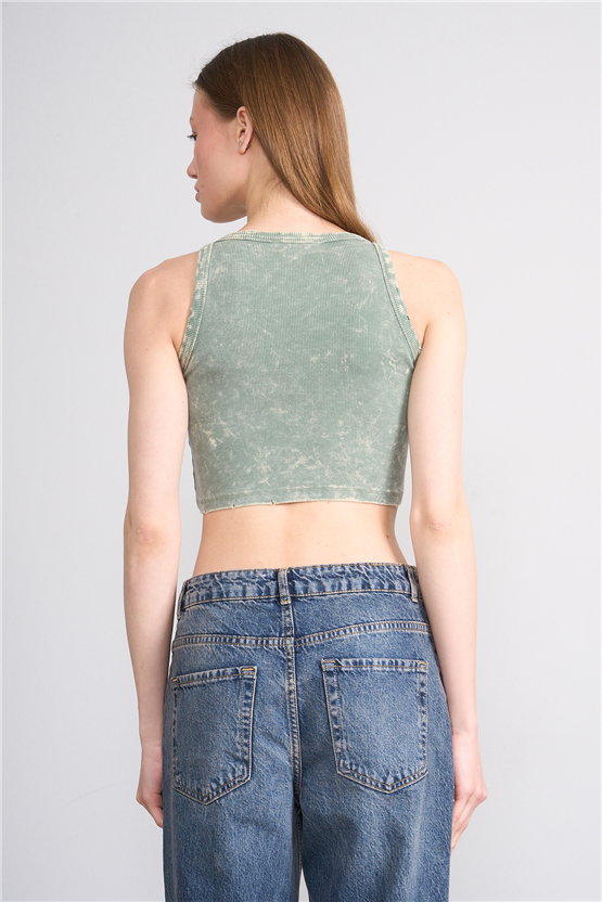 Lefon Y26 060168-K Haki Kadın Bisiklet Yaka Kolsuz Orme Kaşkorse Crop T-Shirt