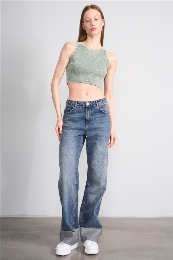 Lefon Y26 060168-K Haki Kadın Bisiklet Yaka Kolsuz Orme Kaşkorse Crop T-Shirt