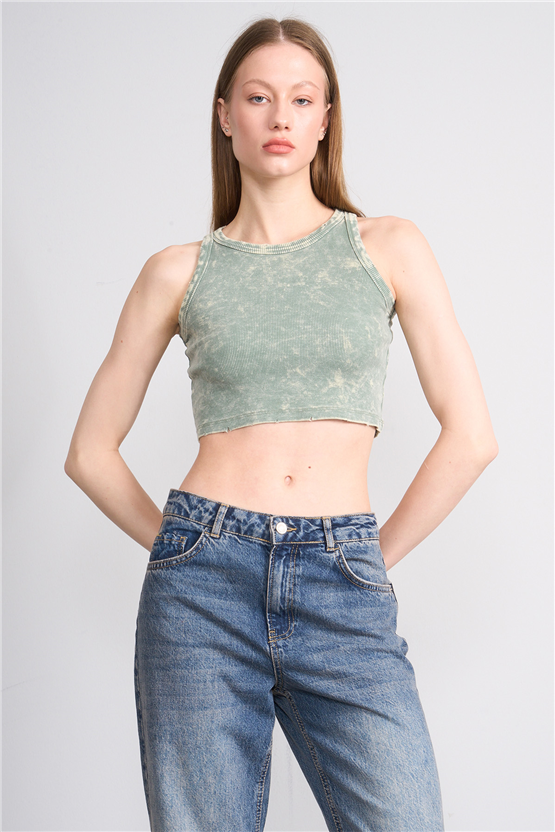 Lefon Y26 060168-K Haki Kadın Bisiklet Yaka Kolsuz Orme Kaşkorse Crop T-Shirt